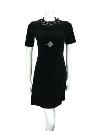 VTG 60S MOD EMPIRE LINE BLACK VELVET SEQUIN DIAMANTE FLOWER BEADED MINI DRESS 6