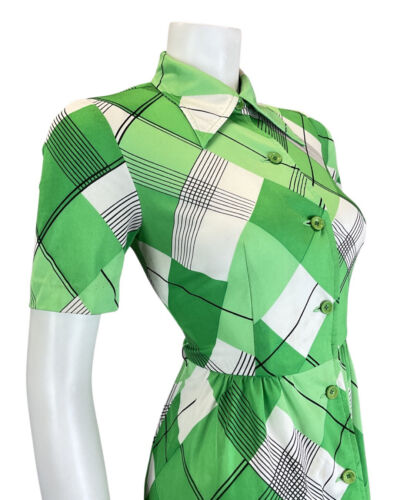 VINTAGE 60s 70s GREEN WHITE BLACK PLAID CHECKED MOD DAGGER SHIRT DRESS 8 10