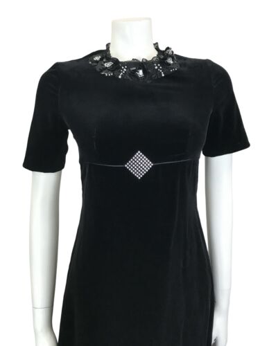 VTG 60S MOD EMPIRE LINE BLACK VELVET SEQUIN DIAMANTE FLOWER BEADED MINI DRESS 6