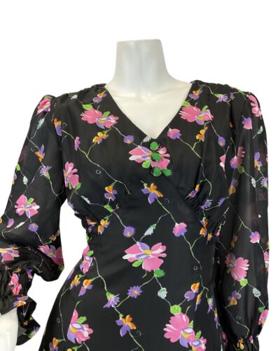 VINTAGE 60s 70s BLACK PINK PURPLE FLORAL VINE SHEER MAXI DRESS 12