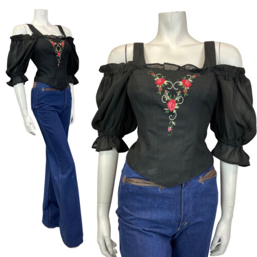 VINTAGE 70s STYLE BLACK PINK EMBROIDERED ROSE FOLK BOHO PRAIRIE CORSET TOP 8