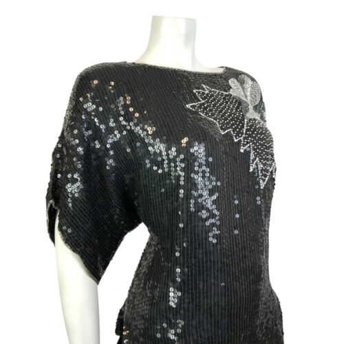 VINTAGE 70s 80s BLACK SILVER WHITE SEQUIN BEADED FLORAL DISCO PARTY TOP 16 18