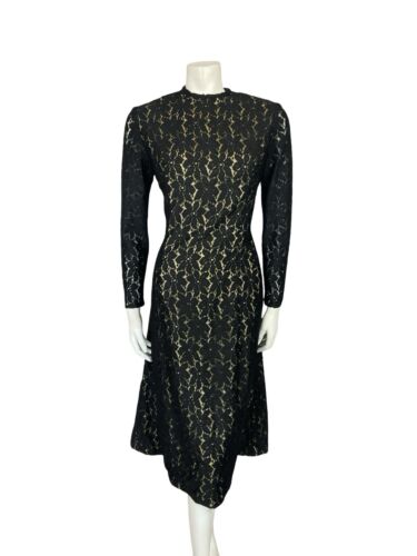 VTG 60S 70S BLACK EVENING LACE HANDMADE LONG SLEEVE PARTY MIDI DRESS 10 12