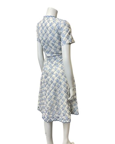 VINTAGE 60s 70s WHITE BLUE GEOMETRIC EMBROIDERED MOD SWING TEA DRESS 12