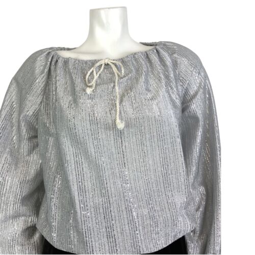 VINTAGE 60s 70s METALLIC SILVER STRIPED DISCO PARTY PEASANT BLOUSE 12 14