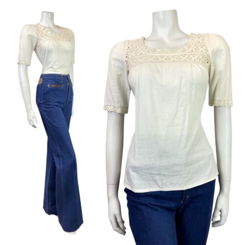 VINTAGE 60s 70s CREAM CROCHETED BOHO PRAIRIE COTTON BLOUSE 8 10