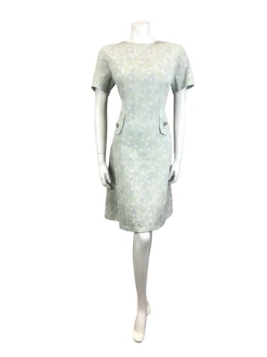 VTG 60S MOD GOGO MINT GREEN GREY WHITE SPARKLY LUREX LEAF PARTY SHIFT DRESS 12