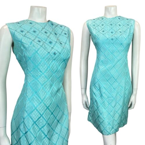VTG 60S MOD GOGO SHIMMERY BLUE GRIDDED BROCADE BEADED PARTY WIGGLE MINI DRESS 12