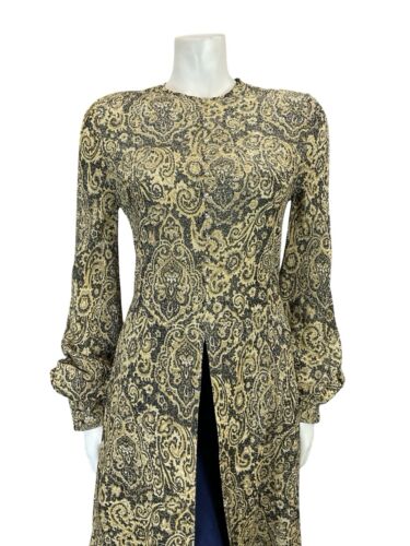VTG 60S BLACK GOLD PSYCHEDELIC PAISLEY DIAMANTE BISHOP SLEEVE TUNIC PARTY TOP 10