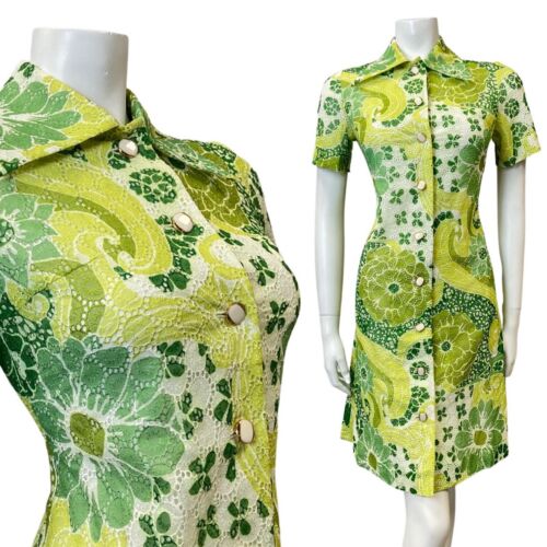 VTG 70s 90s GREEN YELLOW WHITE ANGALISE LACE FLORAL MOD DAGGER SHIRT DRESS 8 10