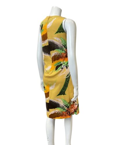 VINTAGE 70s YELLOW ORANGE GREEN PALM LEAF TROPICAL SLEEVELESS FLARED DRESS 8 10