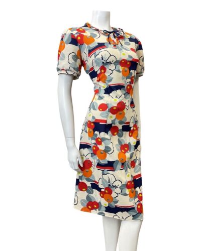 VINTAGE 60s 70s WHITE RED BLUE BERRY FLORAL RUFFLE MOD SHORTSLEEVE DRESS 16 18