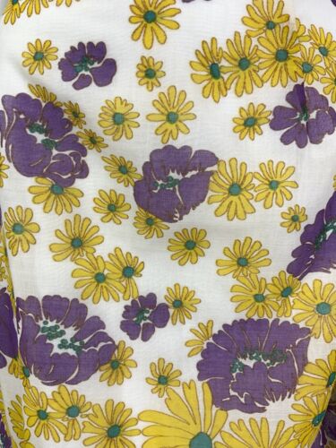 VINTAGE 60s 70s WHITE YELLOW PURPLE FLORAL DAISY SHEER PUFF SLEEVE MOD DRESS 10