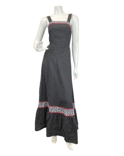 VINTAGE 60s 70s BLACK WHITE RED POLKA-DOT RIC-RAC MOD SLEEVELESS MAXI DRESS 4