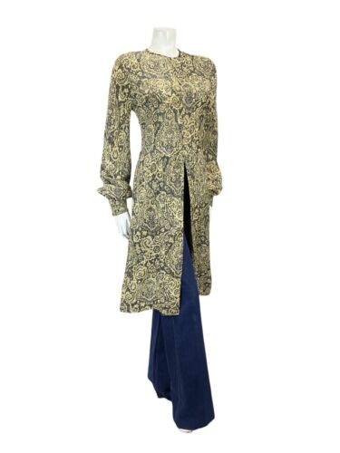 VTG 60S BLACK GOLD PSYCHEDELIC PAISLEY DIAMANTE BISHOP SLEEVE TUNIC PARTY TOP 10