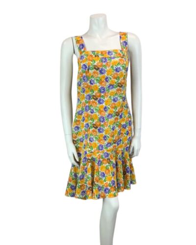 VINTAGE 60s 70s ORANGE YELLOW PURPLE GREEN FLORAL DAISY STRAPPY MIDI DRESS 12 14