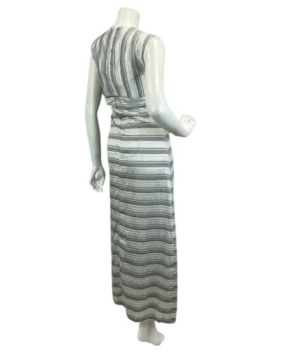 VINTAGE 60s 70s SILVER PLUNGE NECK DISCO PARTY EVENING MAXI DRESS 8 10