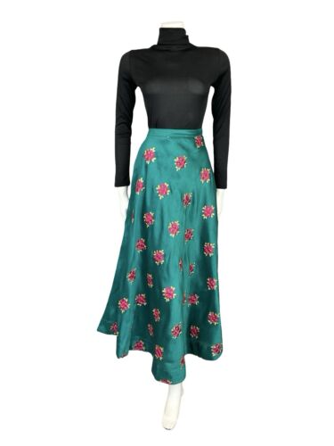 VTG 60S 70S TEAL GOLD PINK SHIMMERY FLORAL EMBROIDERED PARTY MAXI SKIRT 4 6