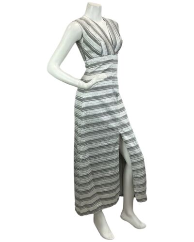 VINTAGE 60s 70s SILVER PLUNGE NECK DISCO PARTY EVENING MAXI DRESS 8 10
