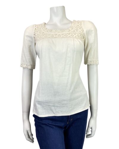 VINTAGE 60s 70s CREAM CROCHETED BOHO PRAIRIE COTTON BLOUSE 8 10