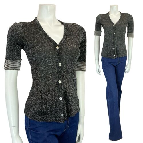 VTG BLACK WHITE DISCO MOD LUREX PARTY STRIPED CUFF BUTTON DOWN CARDIGAN TOP 6