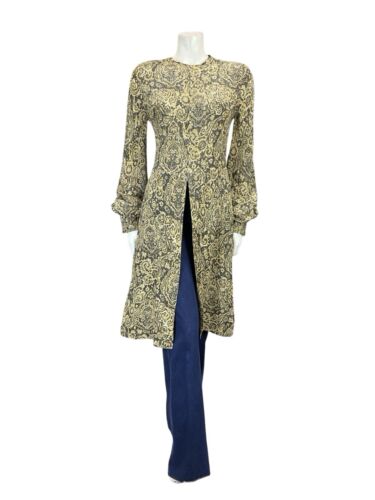 VTG 60S BLACK GOLD PSYCHEDELIC PAISLEY DIAMANTE BISHOP SLEEVE TUNIC PARTY TOP 10