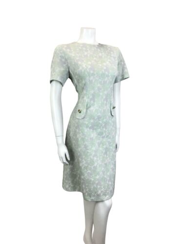 VTG 60S MOD GOGO MINT GREEN GREY WHITE SPARKLY LUREX LEAF PARTY SHIFT DRESS 12