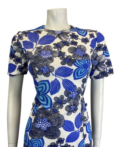 VINTAGE 60s 70s BLUE BLACK WHITE PSYCHEDELIC FLORAL SHORT SLEEVE MOD DRESS 12