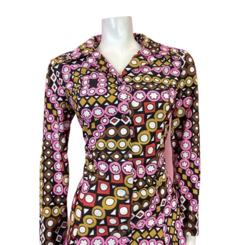 VTG 60s 70s BLACK PINK BROWN WHITE GEOMETRIC PSYCHEDELIC MOD SHIRT DRESS 12 14