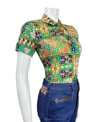 VINTAGE 60s 70s GREEN ORANGE BLUE GEOMETRIC MOD DAGGER COLLAR SHIRT 8 10