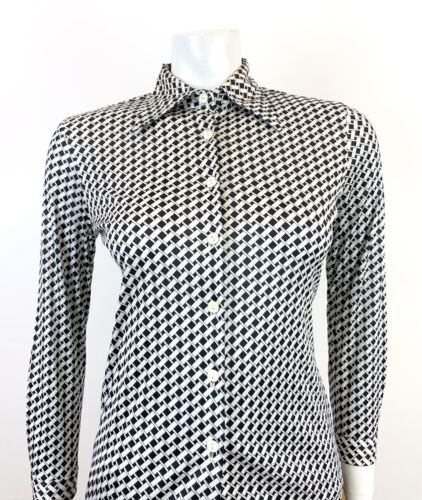VTG 60s 70s BLACK WHITE BASKETWEAVE GEOMETRIC OP-ART DAGGER SHIRT BLOUSE 8 10