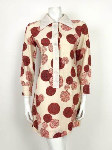 VTG 60s 70s MOD CREAM RED BLACK GREEN GEOMETRIC CIRCLE SHIRT DRESS 8 10
