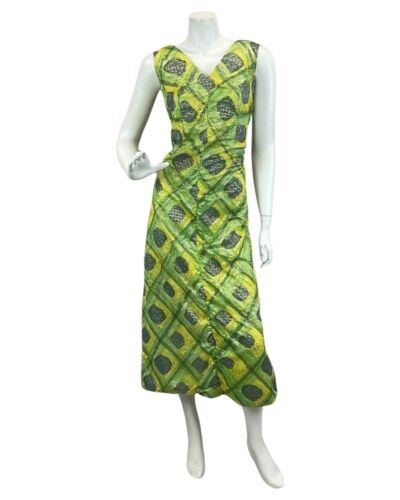 VINTAGE 60s 70s GREEN YELLOW GOLD SPARKLY DISCO PARTY EVENING MAXI DRESS 14