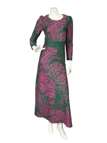 VTG 60S 70S PINK GREEN SILVER PSYCHDELIC DOTTY LONG SLEEVE PARTY MAXI DRESS 4
