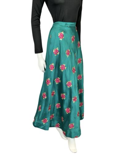 VTG 60S 70S TEAL GOLD PINK SHIMMERY FLORAL EMBROIDERED PARTY MAXI SKIRT 4 6