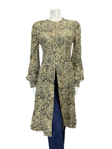 VTG 60S BLACK GOLD PSYCHEDELIC PAISLEY DIAMANTE BISHOP SLEEVE TUNIC PARTY TOP 10