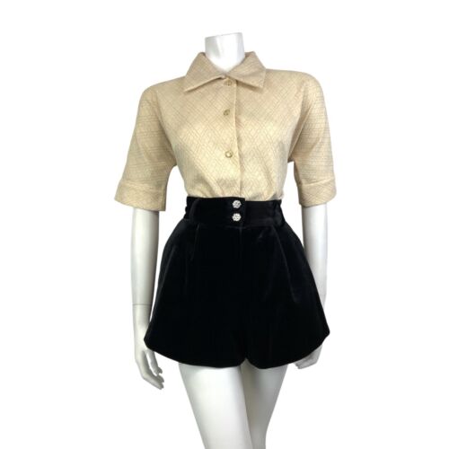 VINTAGE 60s 70s CREAM GOLD DIAMOND CHECKED MOD DISCO PARTY DAGGER SHIRT 12 14