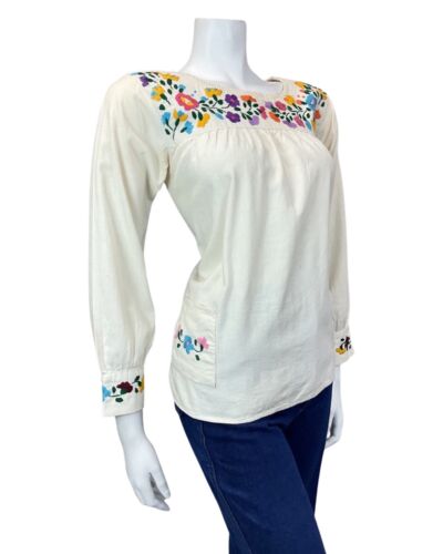 VINTAGE 60s 70s CREAM RED YELLOW FLORAL EMBROIDERED BOHO FOLK BLOUSE 10 12