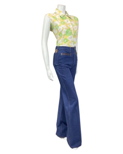 VINTAGE 60s 70s YELLOW WHITE GREEN FLORAL SLEEVELESS SHIRT BLOUSE 16 18