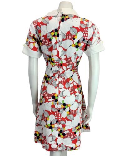 VINTAGE WHITE RED NAVY BLUE YELLOW GREEN FLORAL PRINT MIDI MOD DRESS 12
