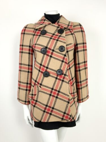 VINTAGE 60s 70s BEIGE BLACK RED PLAID CHECKERED SWING COAT 8 10