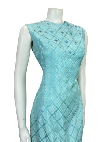 VTG 60S MOD GOGO SHIMMERY BLUE GRIDDED BROCADE BEADED PARTY WIGGLE MINI DRESS 12