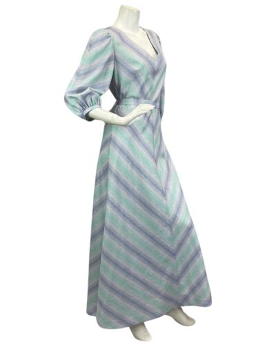VINTAGE 60s 70s BLUE LILAC SILVER ABSTRACT PRINT BOHO DISCO PARTY MAXI DRESS 12