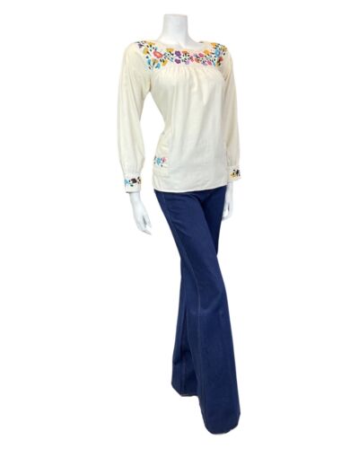 VINTAGE 60s 70s CREAM RED YELLOW FLORAL EMBROIDERED BOHO FOLK BLOUSE 10 12