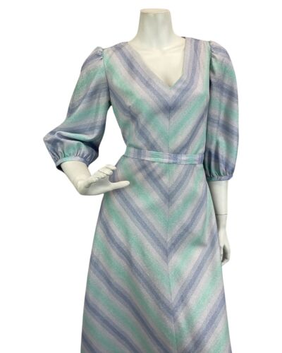 VINTAGE 60s 70s BLUE LILAC SILVER ABSTRACT PRINT BOHO DISCO PARTY MAXI DRESS 12