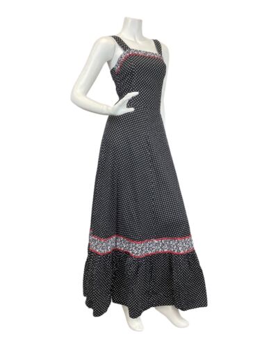 VINTAGE 60s 70s BLACK WHITE RED POLKA-DOT RIC-RAC MOD SLEEVELESS MAXI DRESS 4