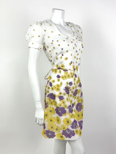 VINTAGE 60s 70s WHITE YELLOW PURPLE FLORAL DAISY SHEER PUFF SLEEVE MOD DRESS 10