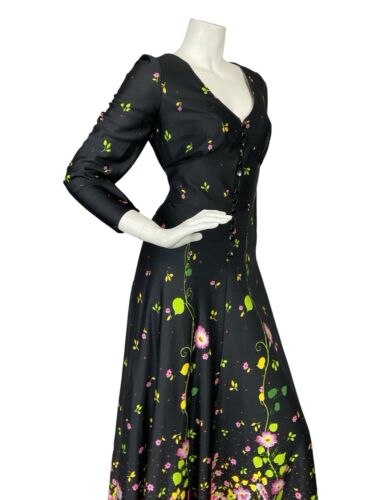 VTG 70S BLACK GREEN PINK ORANGE FLORAL PLUNGING NECK BUTTON UP MAXI DRESS 10 12