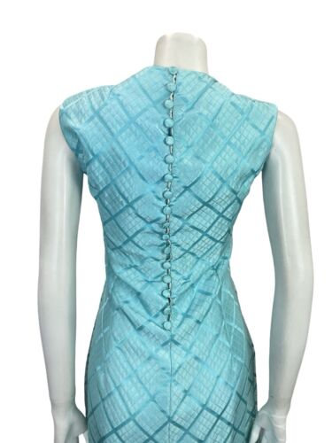 VTG 60S MOD GOGO SHIMMERY BLUE GRIDDED BROCADE BEADED PARTY WIGGLE MINI DRESS 12