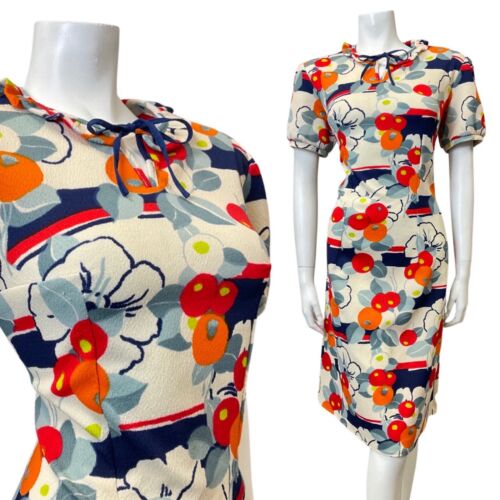 VINTAGE 60s 70s WHITE RED BLUE BERRY FLORAL RUFFLE MOD SHORTSLEEVE DRESS 16 18